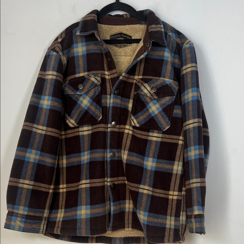 Freedom Foundry Dry Good Co Kids Brown &‎ Blue Plaid Fleece Jacket Boys Medium